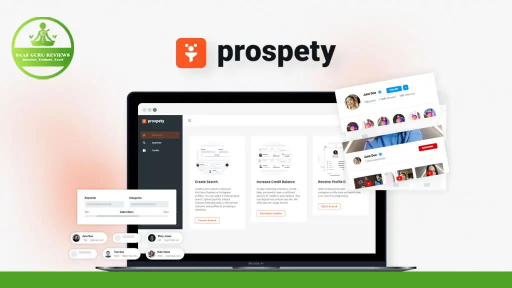 Laptop screen displaying the Prospefy platform. Various interface elements and user profiles are shown surrounding the laptop, showcasing Instagram Profile Data. The RAS Guru Reviews logo is in the top left corner, highlighting this powerful social media tool.