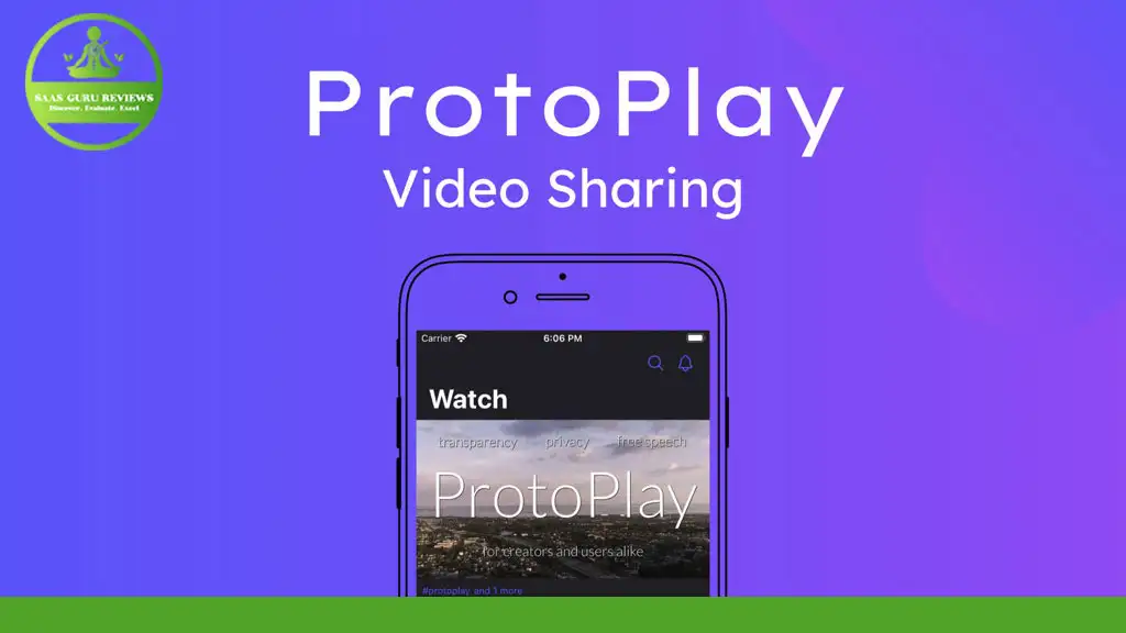 ProtoPlay Video Sharing app interface displayed on a mobile phone with a green logo in the top left corner. Exclusive Access for content creators makes it easy to upload and share videos seamlessly.