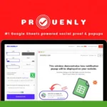 Screenshot of a website called Proven.ly displaying a demonstration of a notification popup on a web page, with a red background and an icon of a green shield with a white checkmark on the left side.
