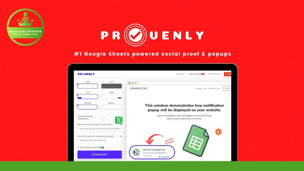 Screenshot of a website called Proven.ly displaying a demonstration of a notification popup on a web page, with a red background and an icon of a green shield with a white checkmark on the left side.