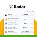 A screenshot displaying a dashboard with metrics including stock price for Apple Inc., pageviews, Bitcoin price, Twitter followers, and earnings. A green logo is in the upper left corner. The menubar at the top helps you track important metrics efficiently.
