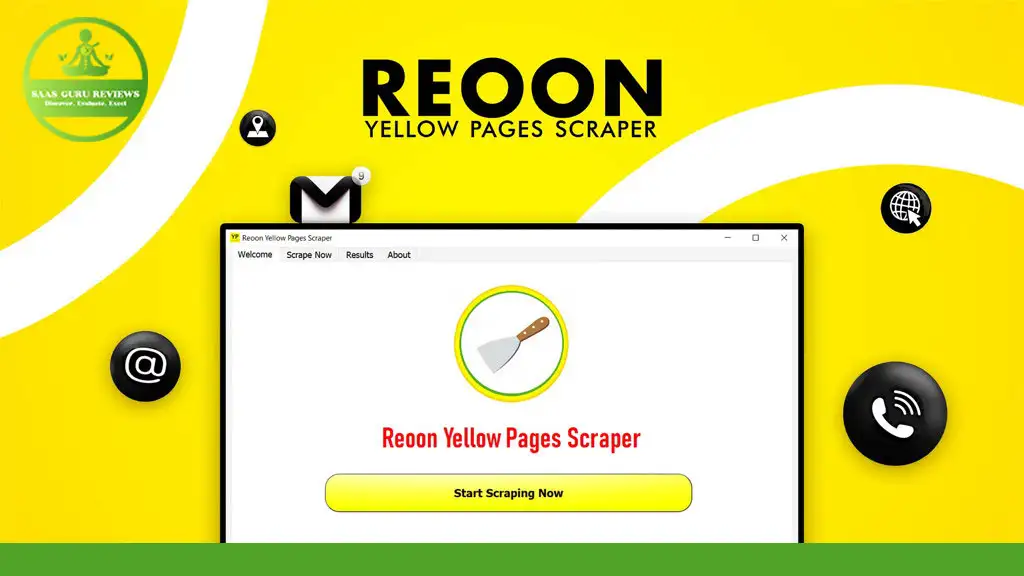 Screenshot of Reoon Lead Scraper software interface with a "Start Scraping Now" button in the center. Various icons including email, chat, and phone are shown around the interface, showcasing its capability to gather Unlimited Leads efficiently.