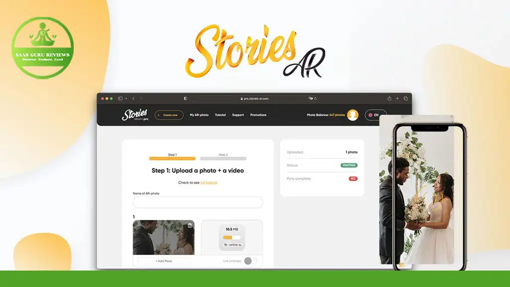 A computer screen displays a photo upload interface on a website, while a smartphone beside it shows a wedding couple. A green logo is in the top left corner, adding an artistic touch to the scene.
