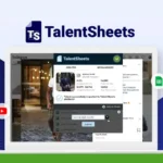 A laptop screen displays the TalentSheets application with social media icons on the sides. A document is being imported into TalentSheets, and a notification confirms the successful import, showcasing its effective talent management capabilities.