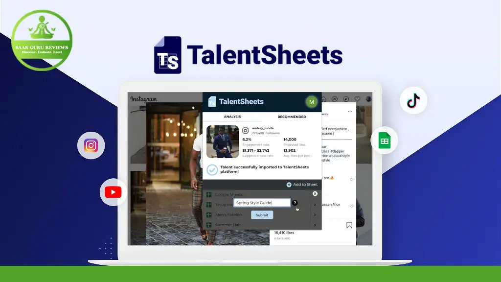 A laptop screen displays the TalentSheets application with social media icons on the sides. A document is being imported into TalentSheets, and a notification confirms the successful import, showcasing its effective talent management capabilities.