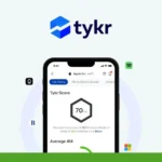 A smartphone displaying the Tykr app, a top-rated stock screener, shows a stock score of 70. Various app icons surround the phone against a light background, with the Tykr logo prominently at the top—an ideal tool for beginner investors.