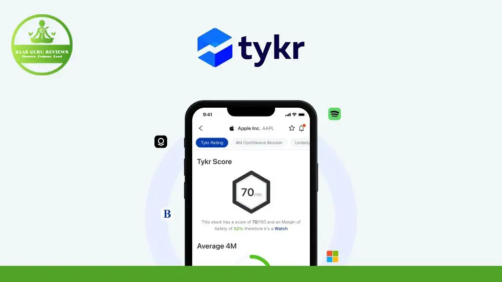 A smartphone displaying the Tykr app, a top-rated stock screener, shows a stock score of 70. Various app icons surround the phone against a light background, with the Tykr logo prominently at the top—an ideal tool for beginner investors.