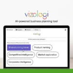 Screenshot of Vizologi's AI-powered business strategy user interface on a laptop, showcasing 2024 features like Brainstorming Ideas, Product Naming, Competitive Intelligence, Market Exploration, and Corporate Intelligence.