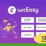 Illustration of two people working on a computer, showcasing WC Eazy features: Auto Apply Coupons, PDF Invoice & Packing Slips, URL Coupons, Product Sticky Bar, Floating Cart, One Click Checkout. A perfect plugin for WooCommerce users looking to streamline their online store experience.