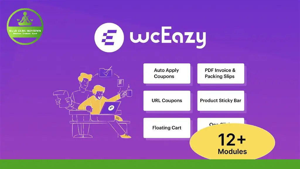 Illustration of two people working on a computer, showcasing WC Eazy features: Auto Apply Coupons, PDF Invoice & Packing Slips, URL Coupons, Product Sticky Bar, Floating Cart, One Click Checkout. A perfect plugin for WooCommerce users looking to streamline their online store experience.