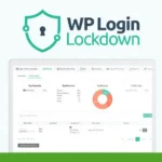 A screenshot showcasing the "WP Login Lockdown" WordPress plugin feature, with a stats dashboard displaying login attempts and traffic types. Secure your site effortlessly. A logo for "KIA Guru Reviews" is visible in the top-left corner.
