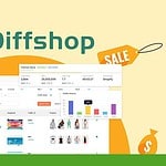 Screenshot showcasing the Diffshop platform, with analytics and product research sections visible. Various shopping icons, such as a cart and sale tags, are displayed on a yellow background, highlighting why it deserves high praise in the Diffshop 2024 Review.