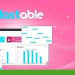 A screenshot of Blastable's email marketing software interface displaying various data analytics dashboards, including subscriber growth, engagement metrics, and a workflow diagram, all set against a pink background—perfect for business insights.