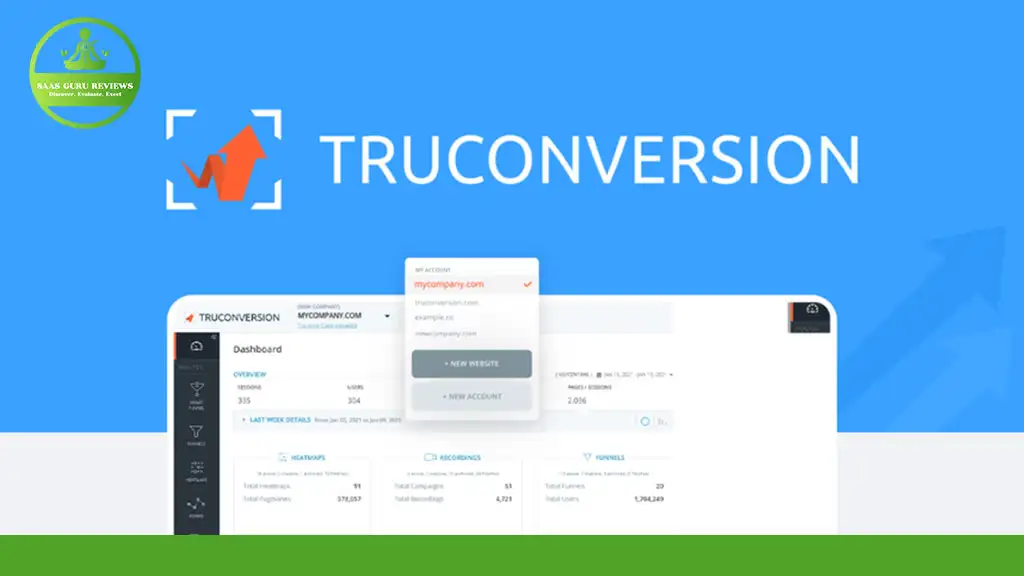 Screenshot of the TruConversion website dashboard displaying various analytics and account settings. The interface shows options for adding new websites, viewing statistics, and utilizing advanced features like heatmaps for detailed insights.