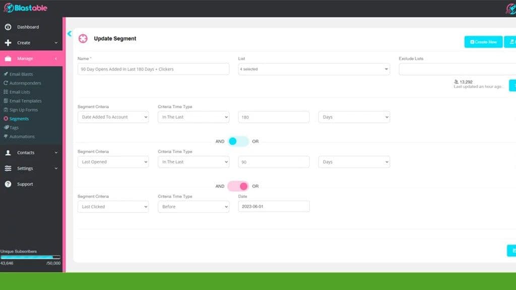 A screenshot of an email marketing software's "Update Segment" page, showing filter options for managing email subscriber lists, including criteria for activity tracking and date range settings to help boost your business.