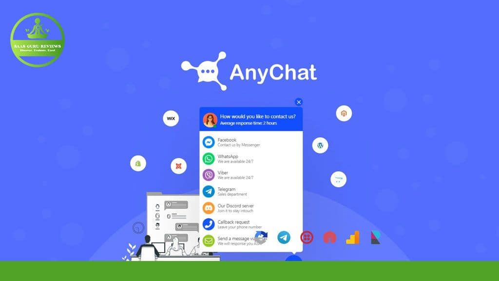 Illustration depicting the AnyChat interface with multiple communication platform options such as Facebook Messenger, WhatsApp, WeChat, and more against a blue background, highlighting its potential for enhanced customer service.