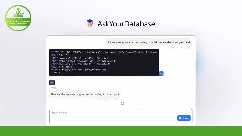 Screenshot of a chat interface on a website named "AskYourDatabase," displaying an SQL query to list the most popular films by rental count and total revenue, generated by their SQL AI Chatbot. Upper left shows a logo with text “SaaS Guru Reviews.”