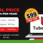 Advertisement for TubeTarget: Originally $164/year, now a one-time fee of just $99. Get the Elite version for $67/year and the Pro Upgrade for $97/year. Total cost is revised to $164/year with all future upgrades included. Perfect for managing YouTube Ads and creating targeted videos effortlessly.