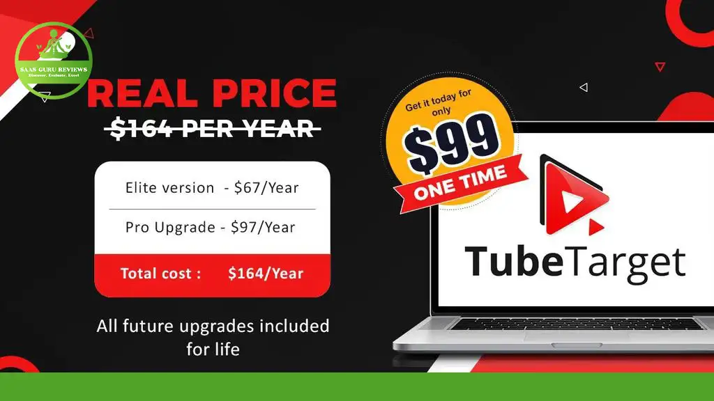 Advertisement for TubeTarget: Originally $164/year, now a one-time fee of just $99. Get the Elite version for $67/year and the Pro Upgrade for $97/year. Total cost is revised to $164/year with all future upgrades included. Perfect for managing YouTube Ads and creating targeted videos effortlessly.