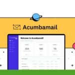 An Acumbamail dashboard for email marketing displays campaign statistics such as emails sent, total recipients, and open rate. Icons of a chat bubble and a planet are also visible, making it easy to review performance at a glance.