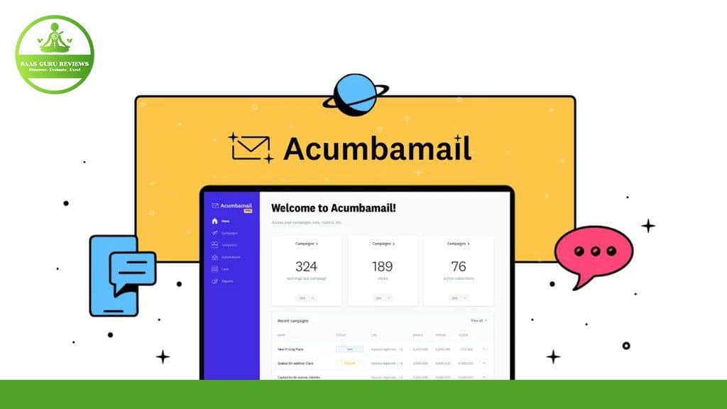 An Acumbamail dashboard for email marketing displays campaign statistics such as emails sent, total recipients, and open rate. Icons of a chat bubble and a planet are also visible, making it easy to review performance at a glance.