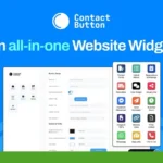 Screenshot showing an all-in-one website widget called 'Contact Button,' featuring options for various messaging services, contact forms, and reservations. The logo is displayed on the top left corner to boost engagement.