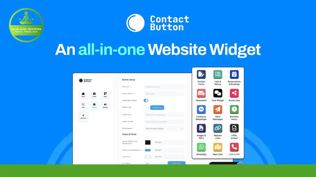 Screenshot showing an all-in-one website widget called 'Contact Button,' featuring options for various messaging services, contact forms, and reservations. The logo is displayed on the top left corner to boost engagement.