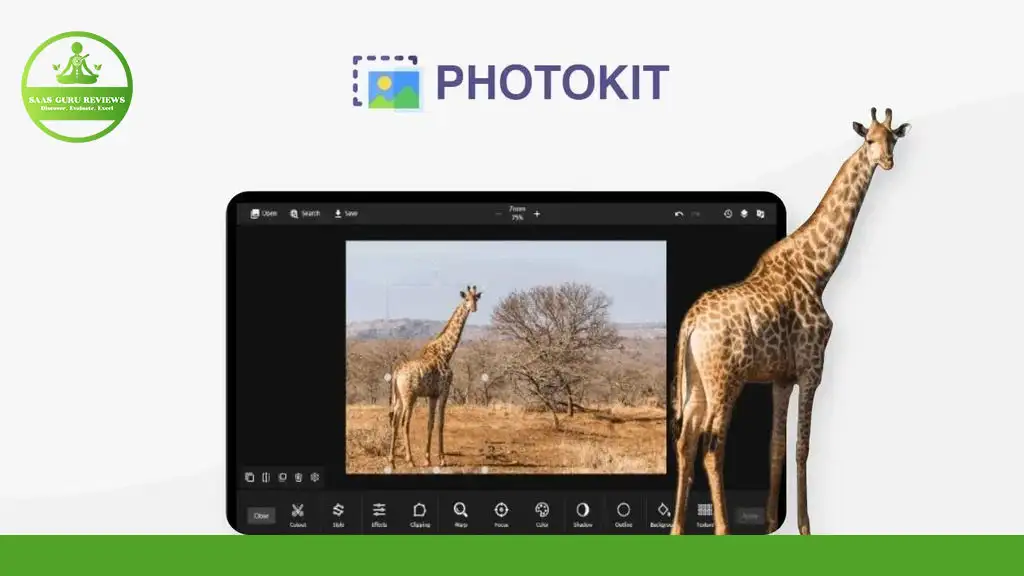 The image shows a computer screen displaying PhotoKit Photo Editor with a giraffe photo being edited. Another giraffe stands outside the screen, partially overlapping the monitor, showcasing why this ultimate photo editor is getting such exciting reviews.