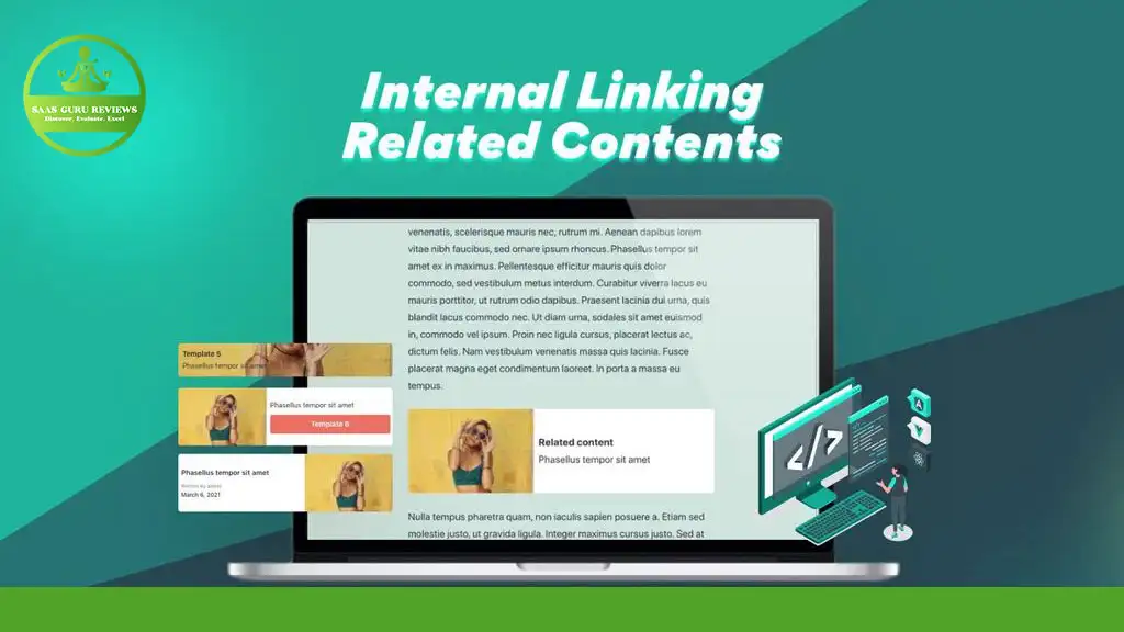 A laptop screen displays an article with highlighted sections showing internal links to related content. The background features the text "SEO and Internal Linking" at the top.