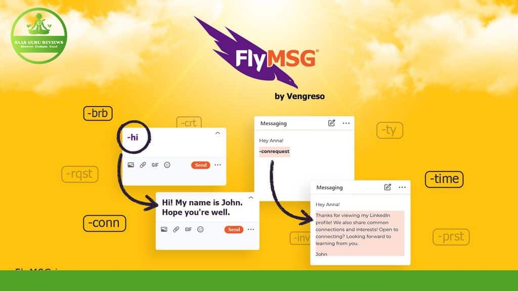 Screenshot of FlyMSG messaging tool interface, featuring a text expander that transforms an initial message into a more detailed greeting and connection request on LinkedIn.