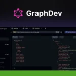 Screenshot of the GraphDev application interface showing the dashboard on the left and code with query results on the right. "GraphDev" is displayed at the top center with a connected nodes icon, offering an intuitive platform for GraphQL Development.