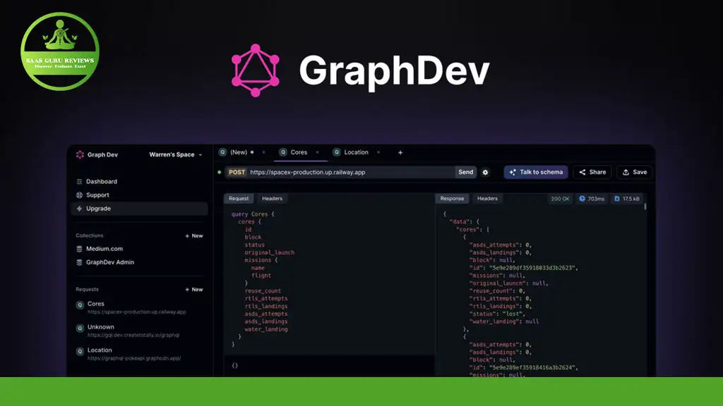 Screenshot of the GraphDev application interface showing the dashboard on the left and code with query results on the right. "GraphDev" is displayed at the top center with a connected nodes icon, offering an intuitive platform for GraphQL Development.
