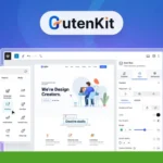 Screenshot of the GutenKit WordPress plugin interface, featuring customization options on the left and a design template preview center. A logo in the top left corner reads "Akas Guru Reviews." This intuitive Page Builder Plugin offers seamless design control directly within WordPress.