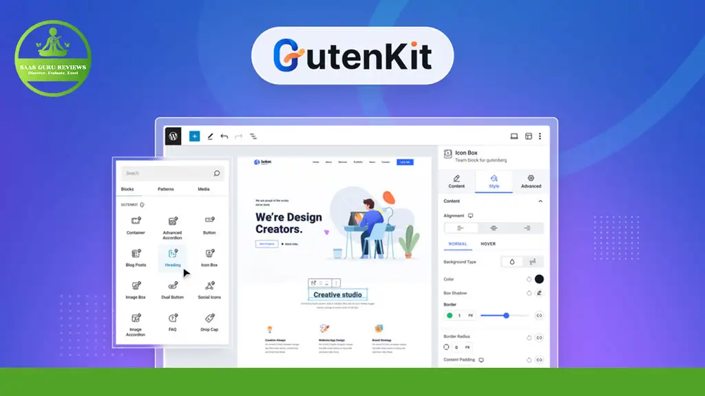 Screenshot of the GutenKit WordPress plugin interface, featuring customization options on the left and a design template preview center. A logo in the top left corner reads "Akas Guru Reviews." This intuitive Page Builder Plugin offers seamless design control directly within WordPress.