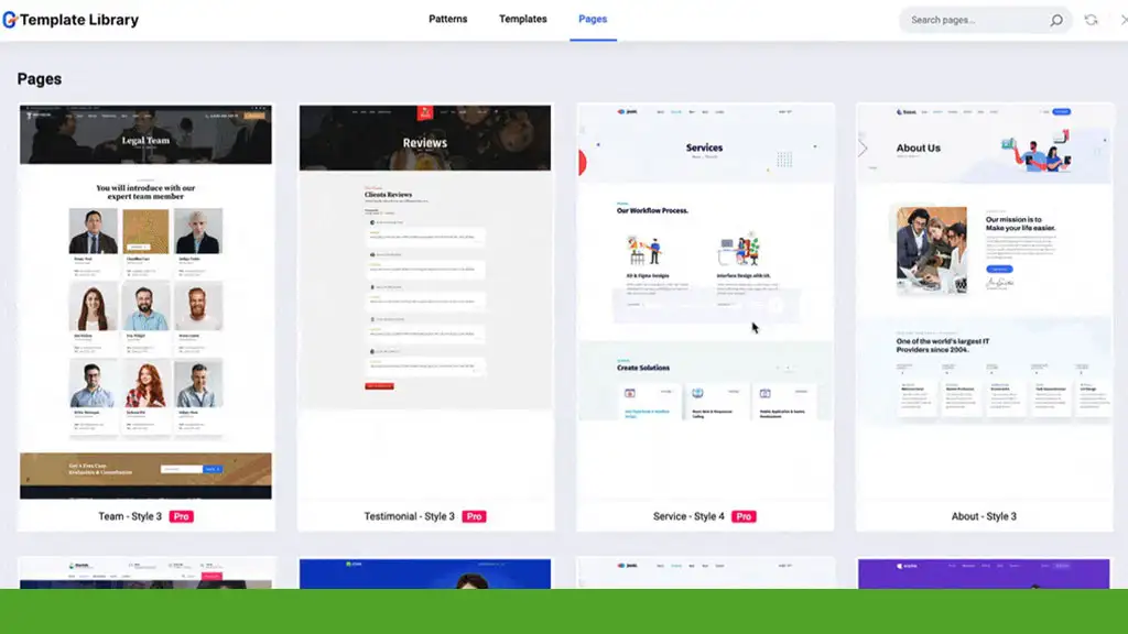 A webpage screenshot displays a template library with various design options for legal team profiles, reviews, services, and an about us section. Each template is categorized and labeled by style, optimized for seamless integration with WordPress Gutenberg as your Page Builder tool.