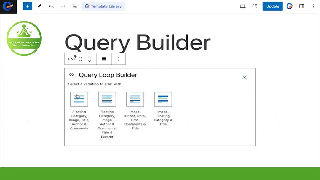 Screenshot of the Query Builder page in a template library, displaying options for Query Loop Builder in the WordPress GutenKit page builder plugin, including variations with various combinations of floating categories, images, and text details.