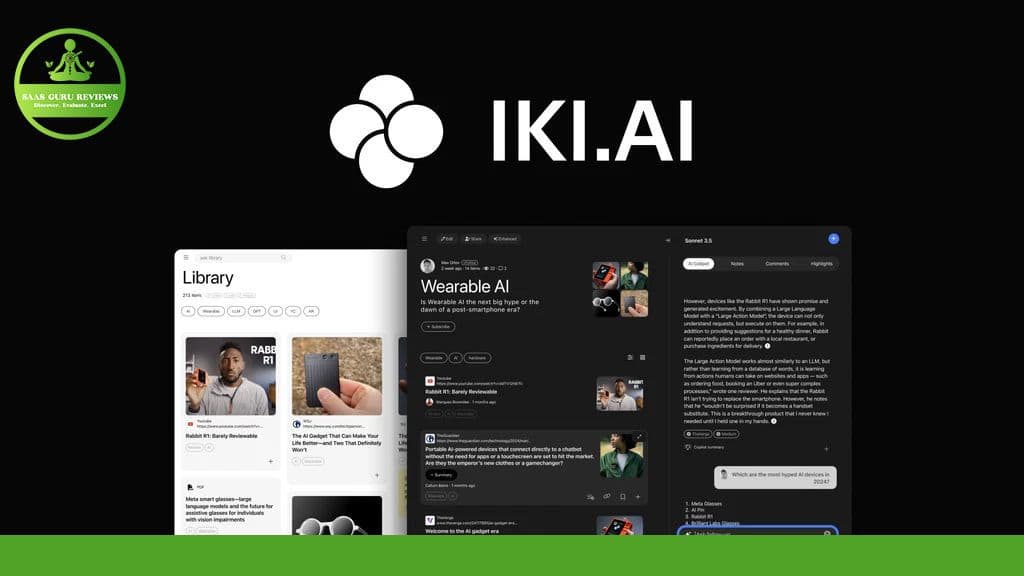 A screenshot showcasing Iki.ai's interface with an Intelligent Knowledge Interface Assistant. It features a library of content on the left, an open article about wearable AI in the center, and a dark-themed comment section on the right. Logo at the top enhances efficiency in navigating resources.