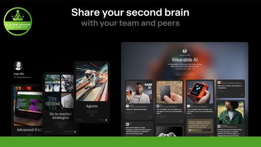 A promotional image displays various tech and AI-related interfaces on multiple devices, under the headline "Share your second brain with your team and peers." Featuring İki.ai's Intelligent Knowledge Interface Assistant, a green logo is positioned in the top left corner.