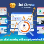 Illustration of Link Chest v2 by SEO Buddy, showcasing various backlink sources like directories, blogs, forums, and social media, with a website ranking improvement trajectory. Text: "Boost your site's ranking with easy-to-win backlinks. Discover endless backlink opportunities with Link Chest.
