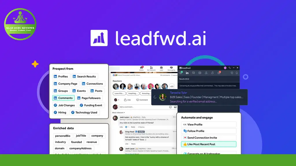 Screenshot of the leadfwd.ai platform showcasing various features such as LinkedIn outreach, prospecting from profiles, search results, enriched data, automated engagement, and recent connections, displayed on a blue-purple gradient background.