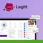 Screenshot of Legitt AI software displaying a dashboard with various features, including task lists, graphs, a document summary, and a chat window. The platform helps streamline contract lifecycle processes. SaaS Guru Reviews badge is visible in the top left corner.