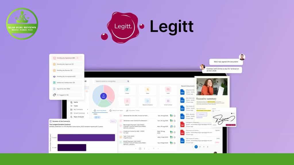 Screenshot of Legitt AI software displaying a dashboard with various features, including task lists, graphs, a document summary, and a chat window. The platform helps streamline contract lifecycle processes. SaaS Guru Reviews badge is visible in the top left corner.