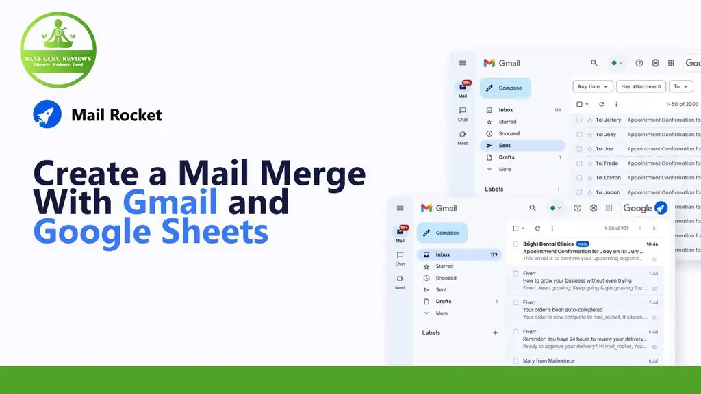 Screenshot displaying Gmail and Google Sheets interfaces with text: "Create a Mail Merge With Gmail and Google Sheets." Logos for Mail Rocket and an awards badge are visible, showcasing a seamless Email Marketing solution.