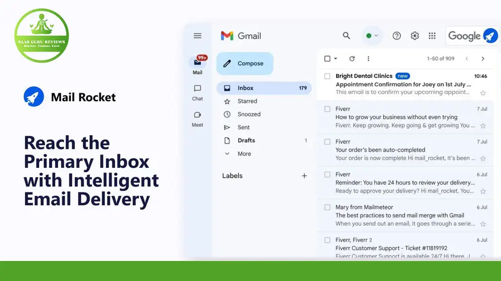 Screenshot of a Gmail inbox with promotional text on the left: "Reach the Primary Inbox with Intelligent Email Delivery." The logo for "Mail Rocket" and a badge for "5 Star Reviews" are also visible, showcasing their top-tier email marketing solutions, including seamless mail merge capabilities.