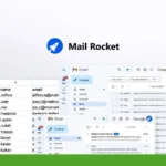 A computer screen displaying Mail Rocket, an email management tool perfect for email marketing, showcases a list of names and emails. Visible is the Gmail interface for composing and managing messages, along with other features. Maas GURU Reviews logo appears alongside options like mail merge.