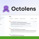 Screenshot of the Octolens 2024 platform interface showing user navigation options on the left and a main feed with various articles and resources about AI-powered social monitoring on the right.