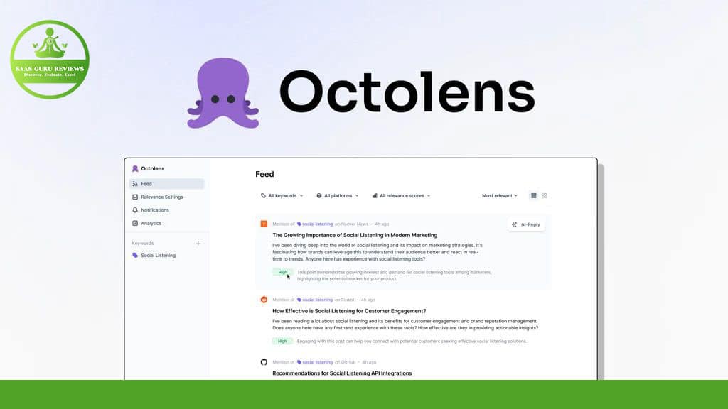 Screenshot of the Octolens 2024 platform interface showing user navigation options on the left and a main feed with various articles and resources about AI-powered social monitoring on the right.