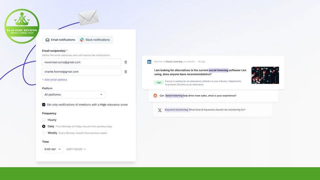 Screenshot of a SaaS notifications settings page showing options for email and Slack notifications, with fields for recipient emails, notification platform, frequency, and time. Sample notifications are displayed on the side. Experience the B2B revolution with AI-powered social monitoring and Octolens 2024 integration.