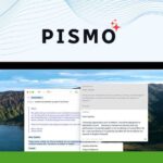 A laptop screen displays two email drafts under the "Pismo AI" software interface. The background of the laptop screen shows a mountainous landscape, emphasizing tranquility and focus. A logo is visible in the top-left corner, showcasing how Pismo AI enhances writing efficiency effortlessly.