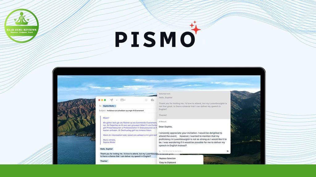 A laptop screen displays two email drafts under the "Pismo AI" software interface. The background of the laptop screen shows a mountainous landscape, emphasizing tranquility and focus. A logo is visible in the top-left corner, showcasing how Pismo AI enhances writing efficiency effortlessly.